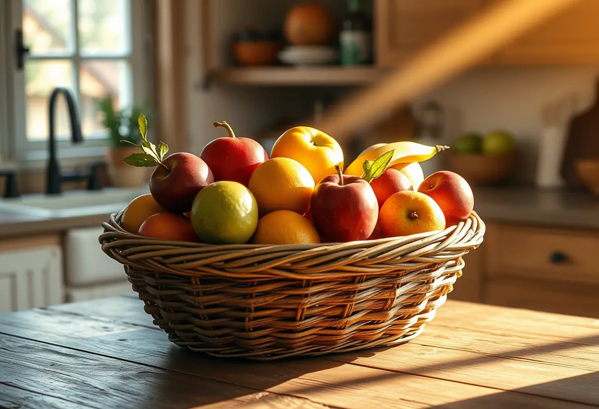 Panier de fruits sur un plan de travail en bois, symbole de partage et de générosité