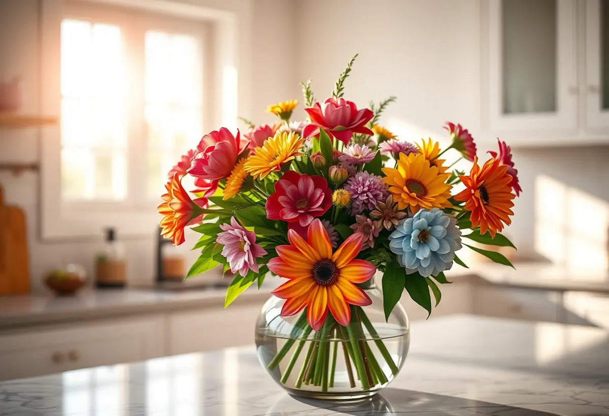 Un vase de fleurs fraîches sur un comptoir en marbre