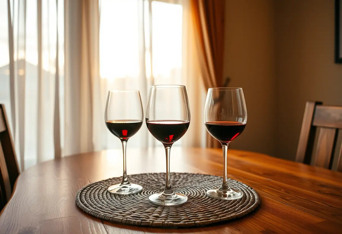 Un couvert pour deux personnes avec des verres de vin rouge