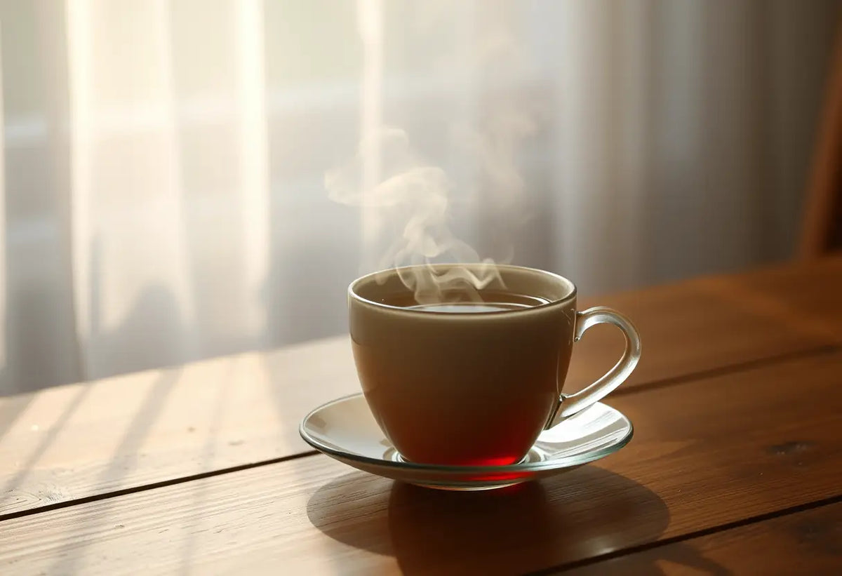 Une tasse de thé fumant sur une table en bois, boutique du plaisir