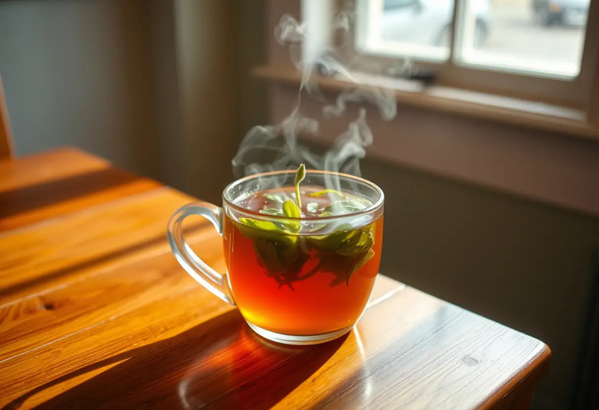 Une tasse de thé herbeux fumant sur une table en bois