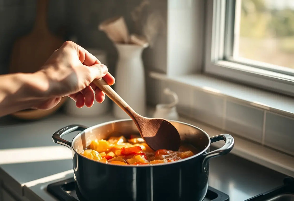 Une main tenant une cuillère en bois au-dessus d'une marmite de légumes mijotés, éclairée par la lumière du matin