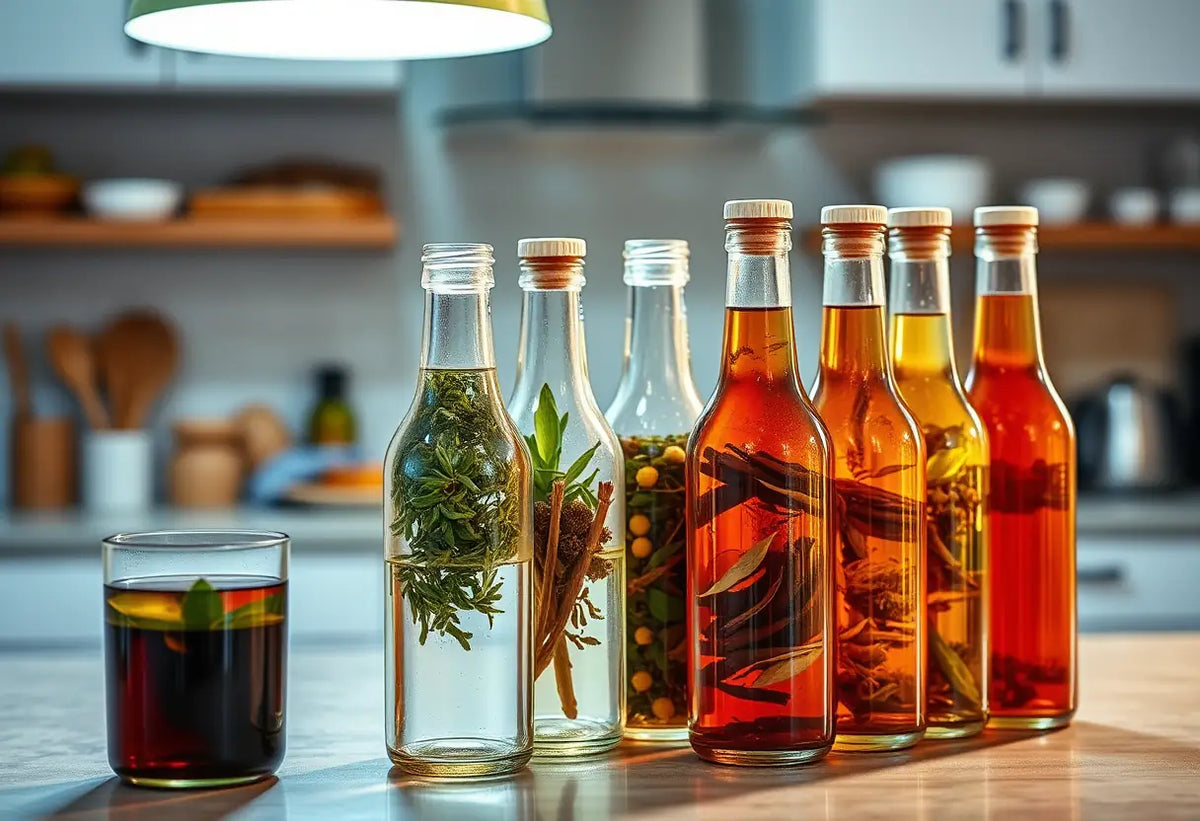Bouteilles de verre avec des thés herbes sur un plan de travail