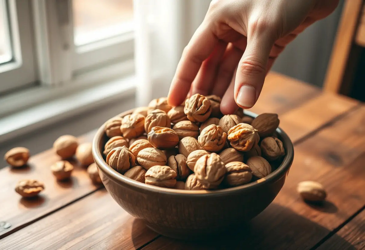 Un bol de noix et d'amandes sur une table en bois, la lumière naturelle souligne les tons bruns des noix.