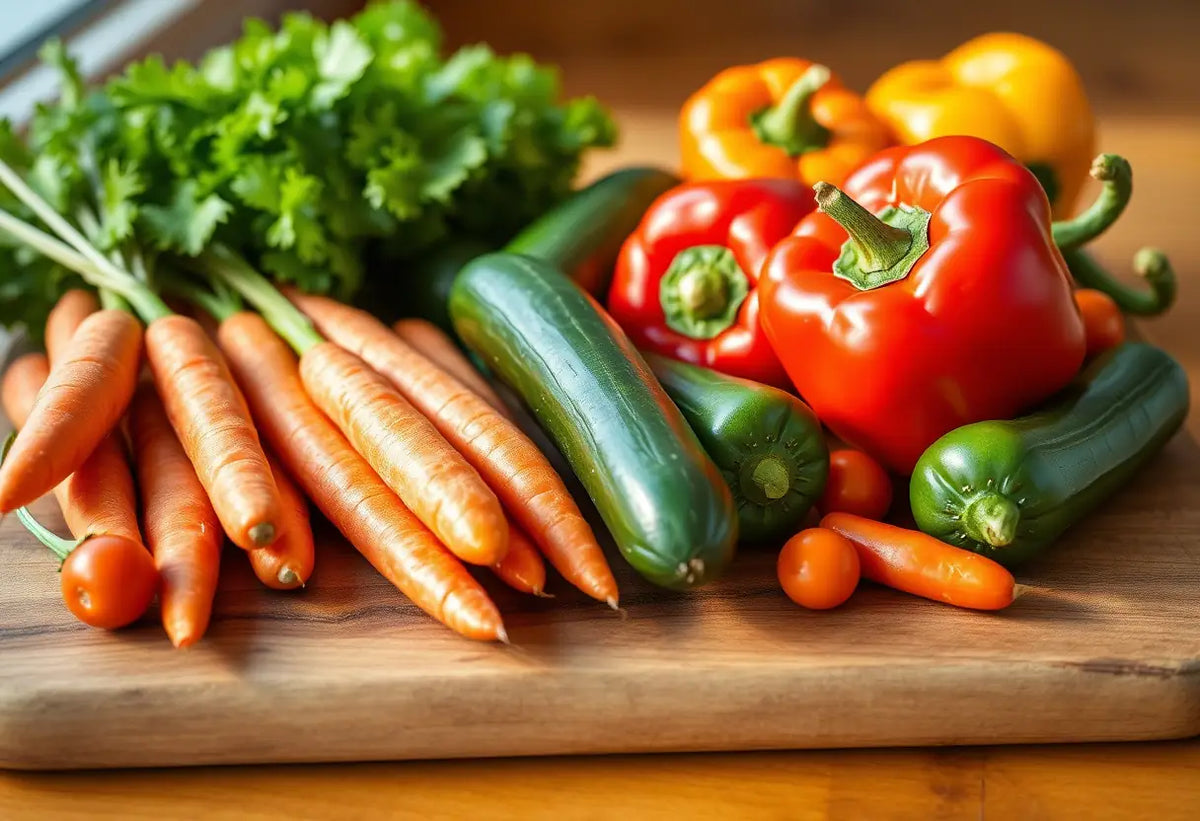 Assortiment de légumes colorés sur un plateau de bois pour la fertilité masculine