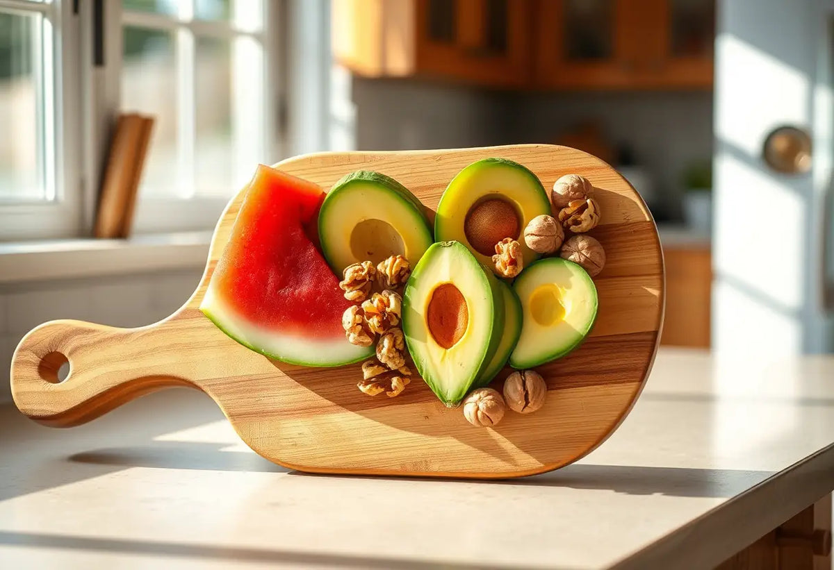 Assortiment de fruits frais disposés en forme de cœur sur un plan de travail