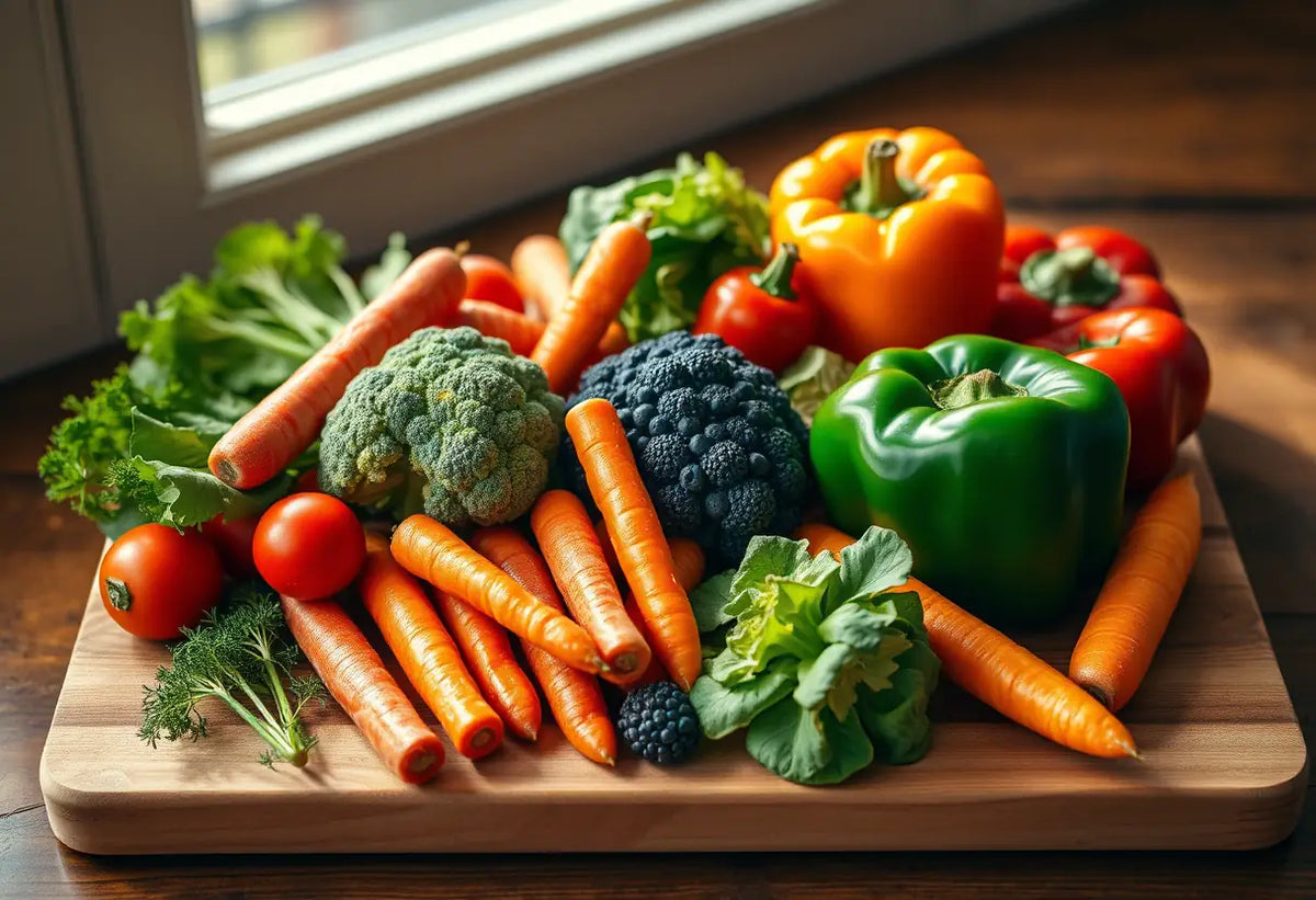 Un plan de travail en bois rempli de légumes frais