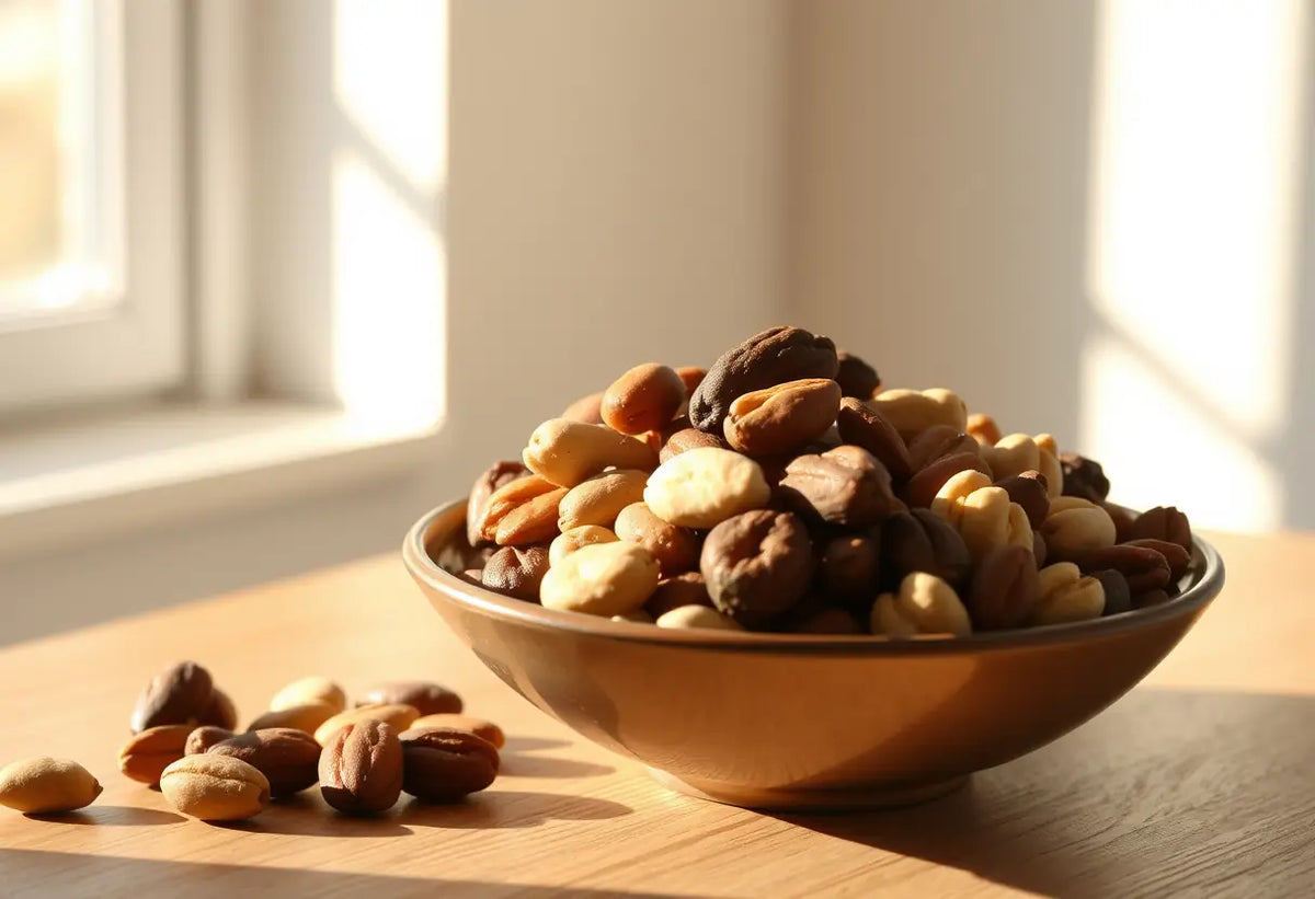 Assortiment de fruits secs et de noix sur une table, éclairée par la lumière du jour
