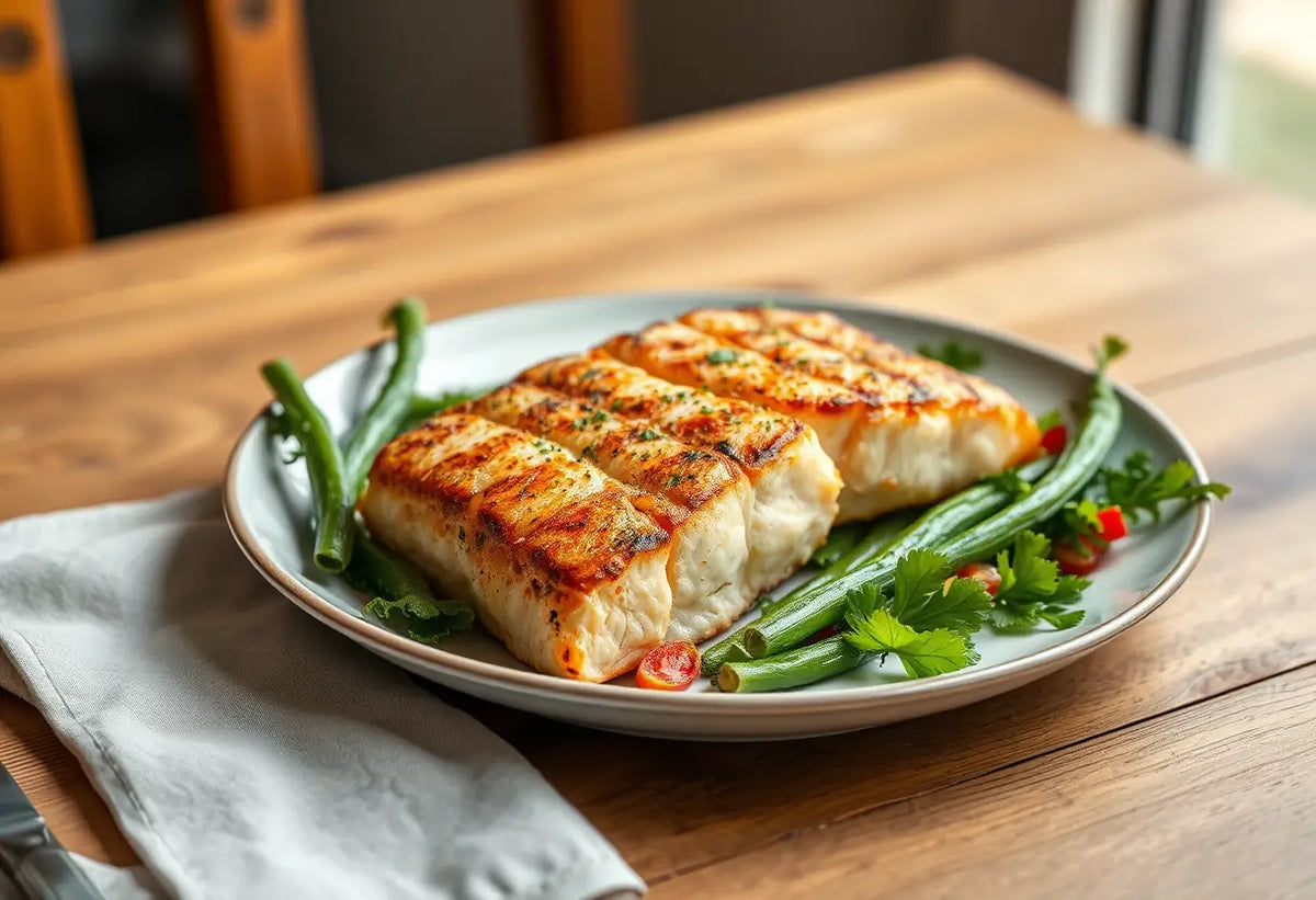 Poissons grillés et légumes verts sur une table