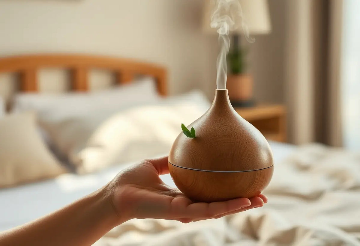 Une main tient un diffuseur en bois rempli d'huile d'eucalyptus dans une chambre