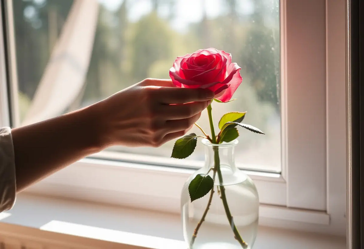 Une main déposant une rose fraîche dans un vase ensoleillé