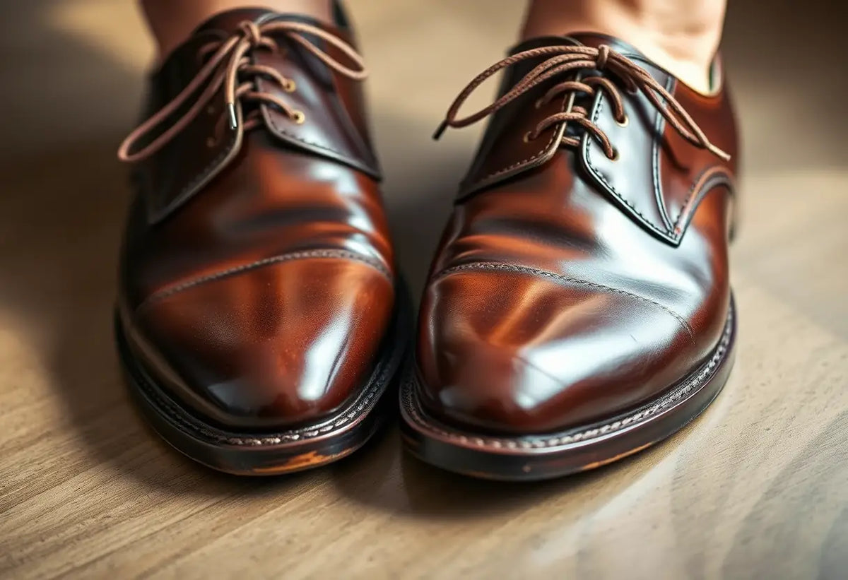 Une paire de chaussures en cuir polies, symbolisant l'importance de maintenir ses activités quotidiennes pendant l'andropause.