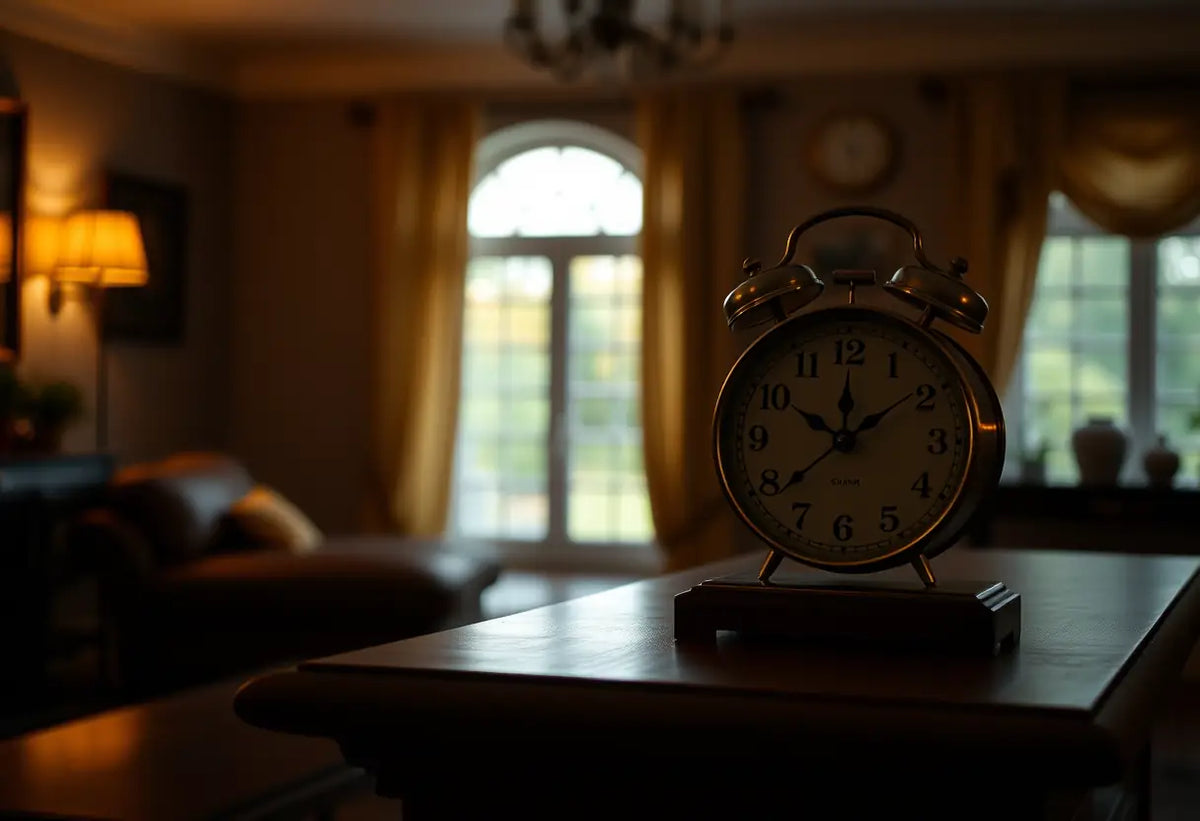 Une horloge sur une cheminée dans un salon éclairé doucement