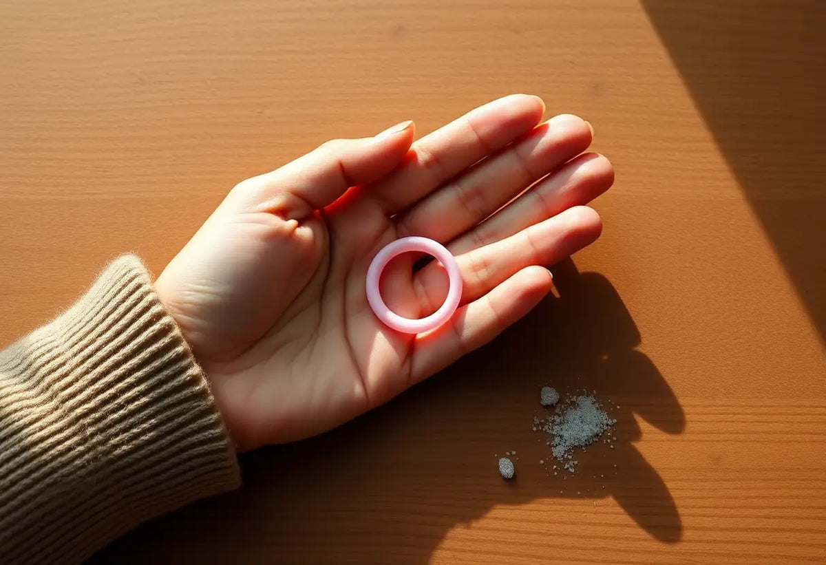 Anneau pénien en silicone sur une table avec quelques grains de sable