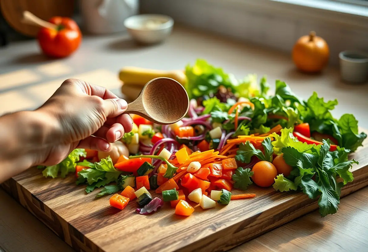 Main de bois tenant une cuillère dans la cuisine