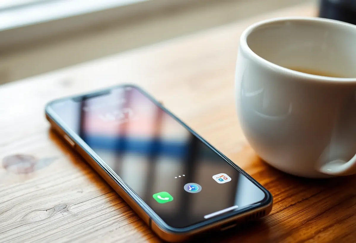 Smartphone affichant une application pour couples et tasse de café