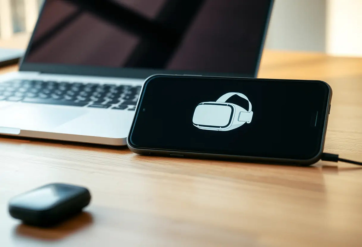 Un téléphone intelligent sur un bureau, affichant un icône de casque de réalité virtuelle