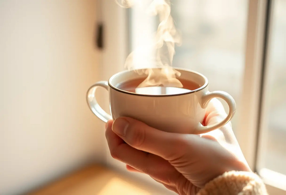 Une main tenant une tasse de thé herboriste, éclairée par la lumière du soleil, chaleureuse et apaisante.