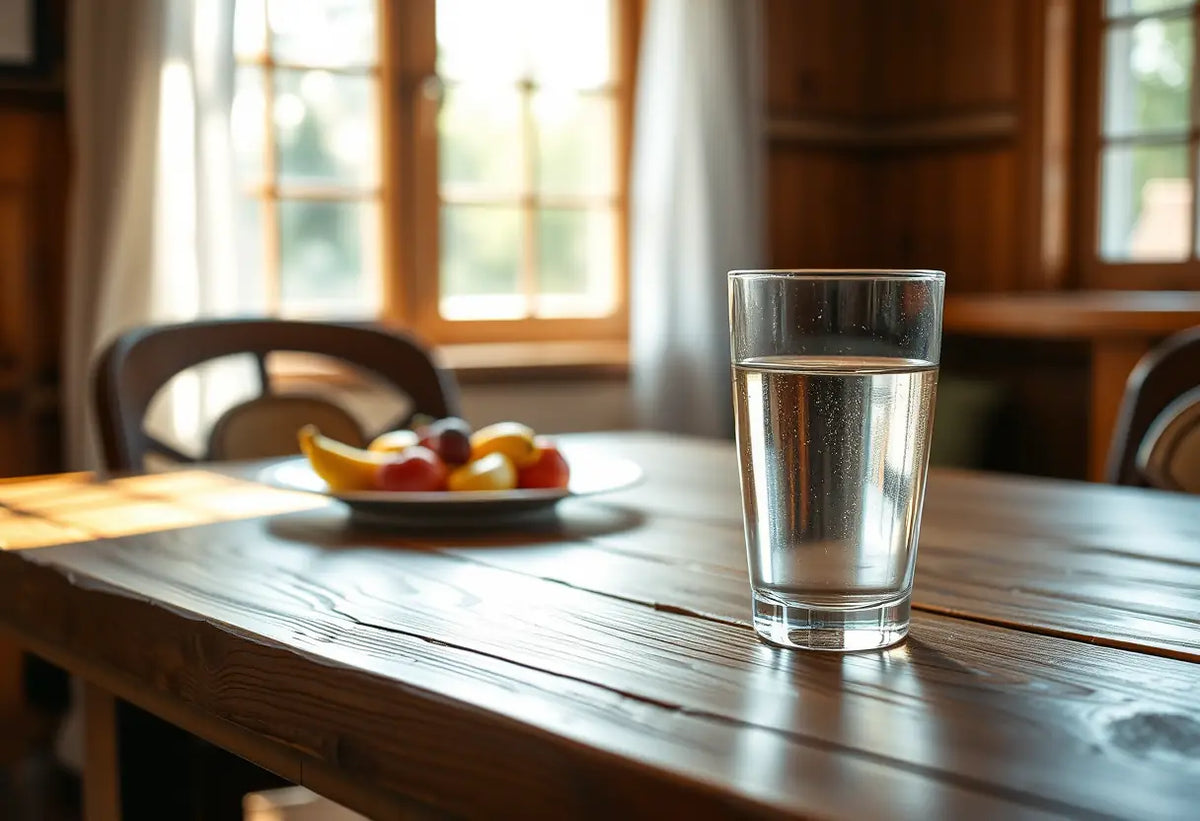 Un couvert sur une table avec une carafe d'eau et des fruits frais
