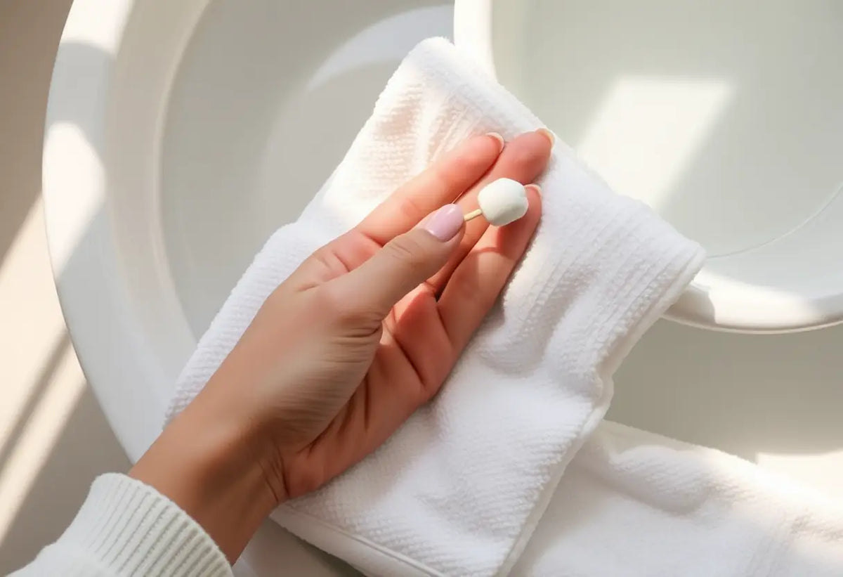 Main de femme tenant un coton-tige près d'une bassine d'eau