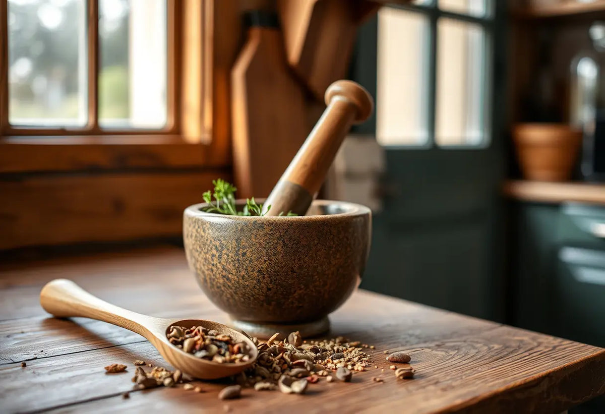Assaisonnement d'herbes dans une cuisine rustique