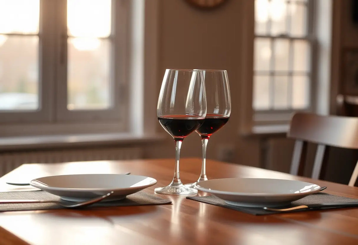 Un couvert pour deux avec deux verres de vin rouge sur une table de cuisine noire