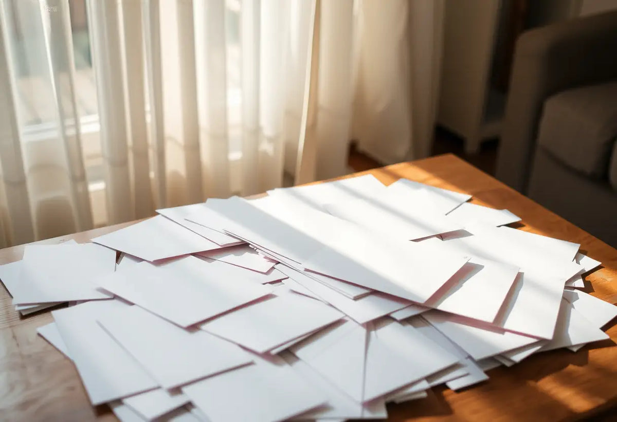 Un bureau avec des enveloppes blanches sur une table basse