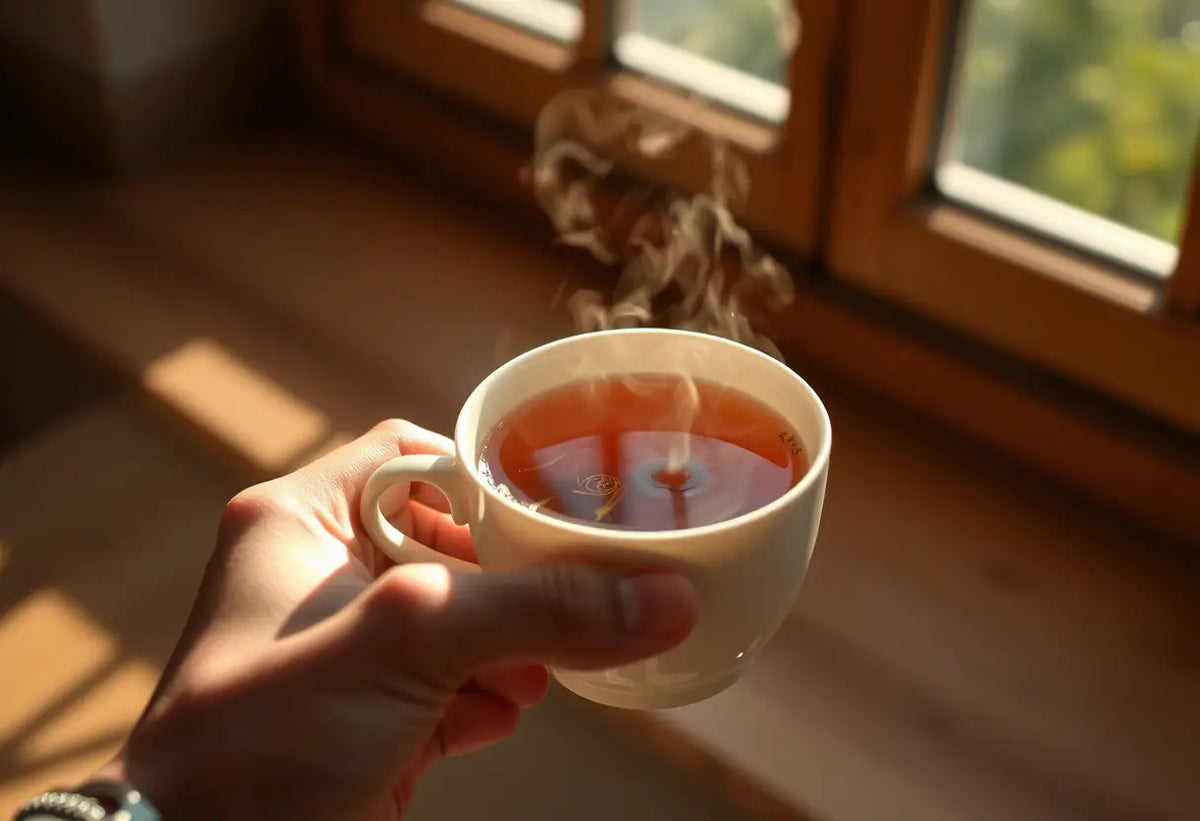 Une main tenant une tasse de thé herbagère chaude, lumière naturelle