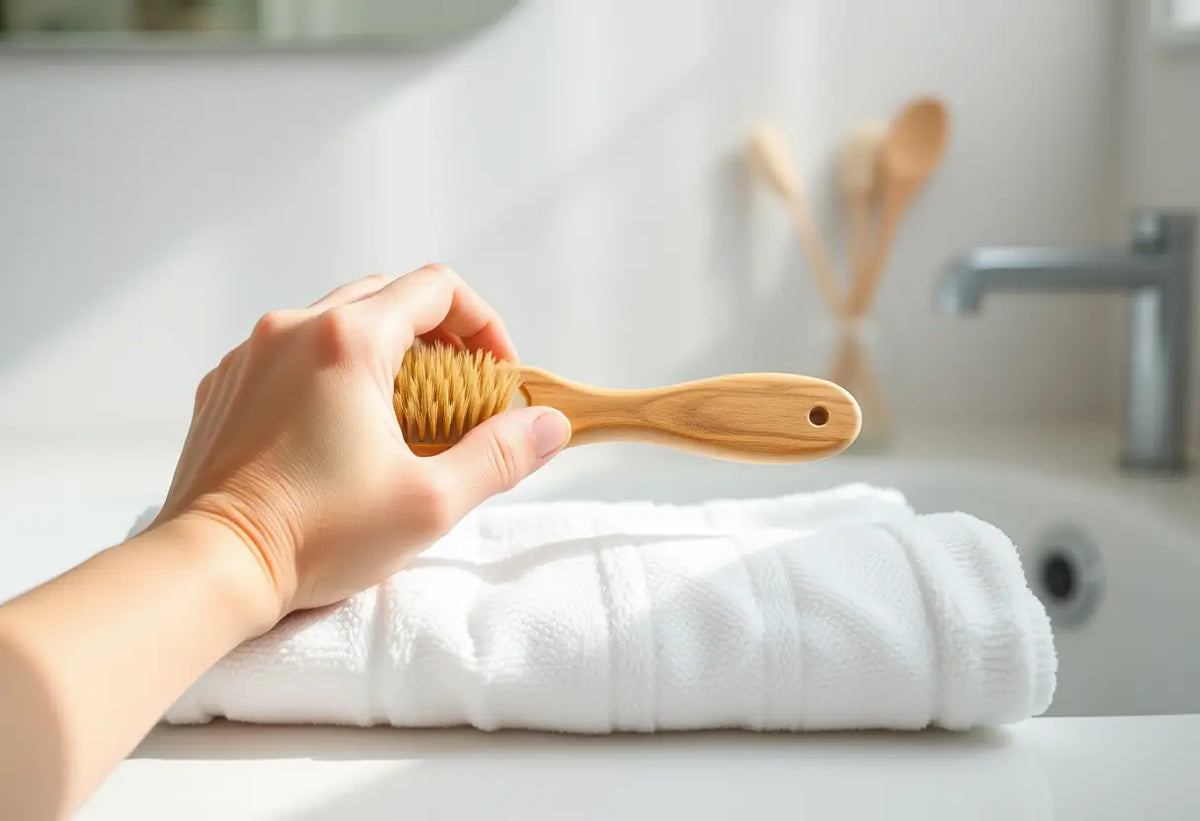 Main du praticien tenant le pinceau utilisé avant le massage