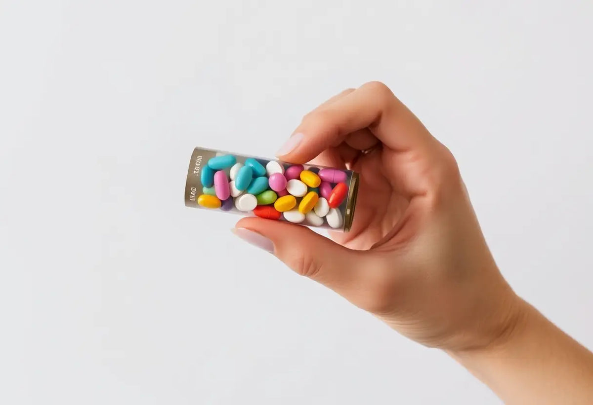 Main de femme tenant un tube cartonné avec comprimés contraceptifs