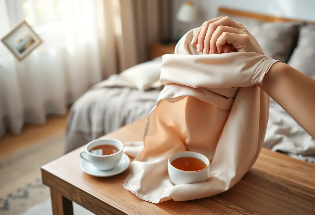 Une main tenant un foulard en soie près d'une tasse de thé aromatique dans une chambre apaisante