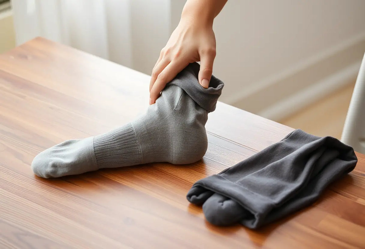 Main du femme lisant ses bas sur sa jambe