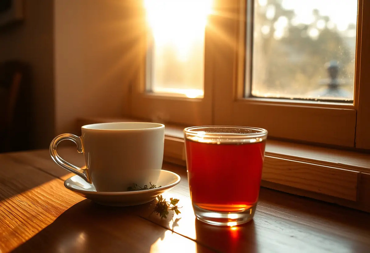 Tasse d'infusion à la fenêtre, lumière du matin, ovulation
