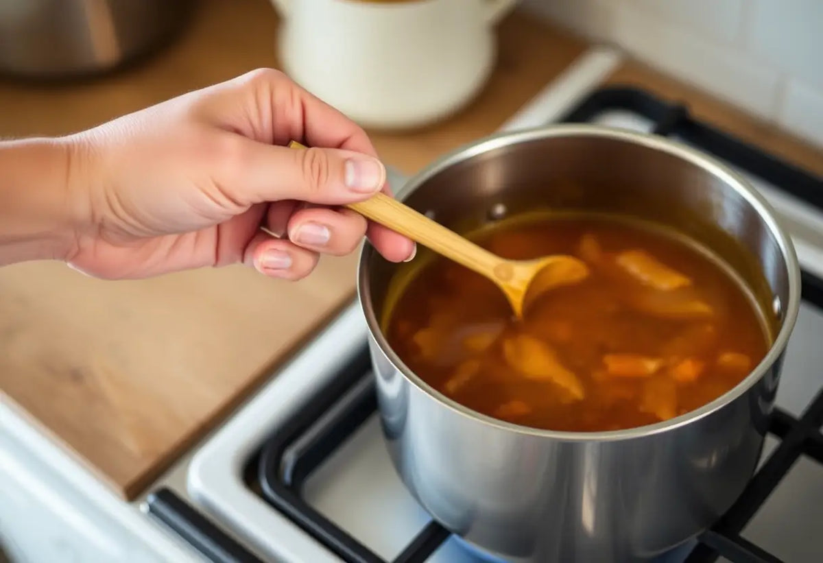Main: une main tenant une cuillère de bois en train de remuer une marmite de soupe, symbolisant le confort et la nourriture lors des transitions de la ménopause