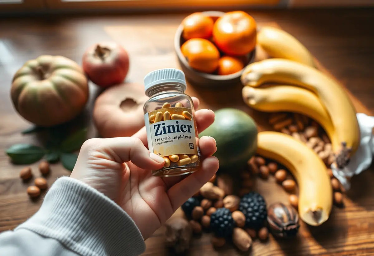 Maines de fruits et noix autour d'une petite bouteille de compléments au zinc sur une table en bois