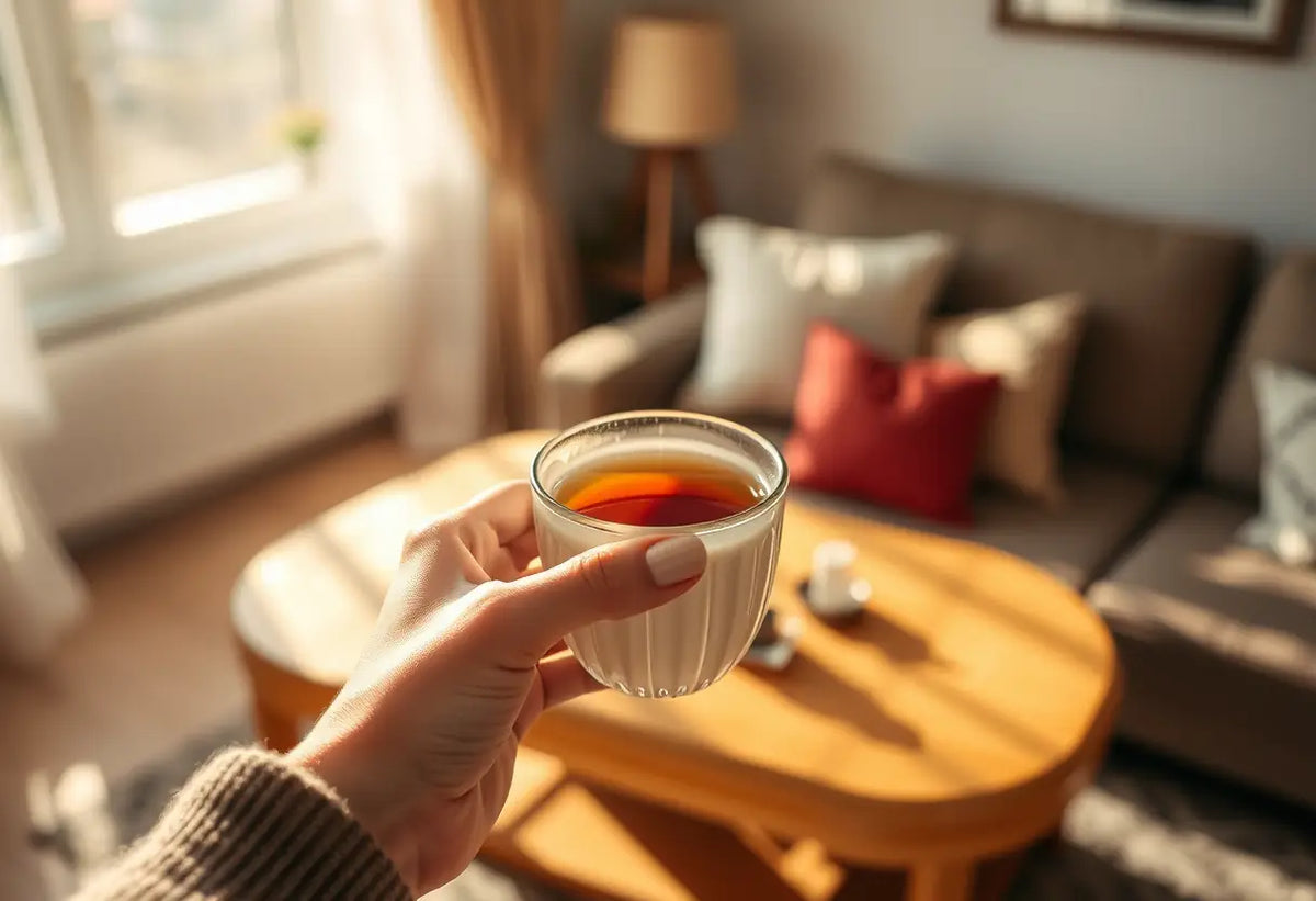 Une main tenant une tasse de thé chaud dans un salon accueillant, infertilité féminine