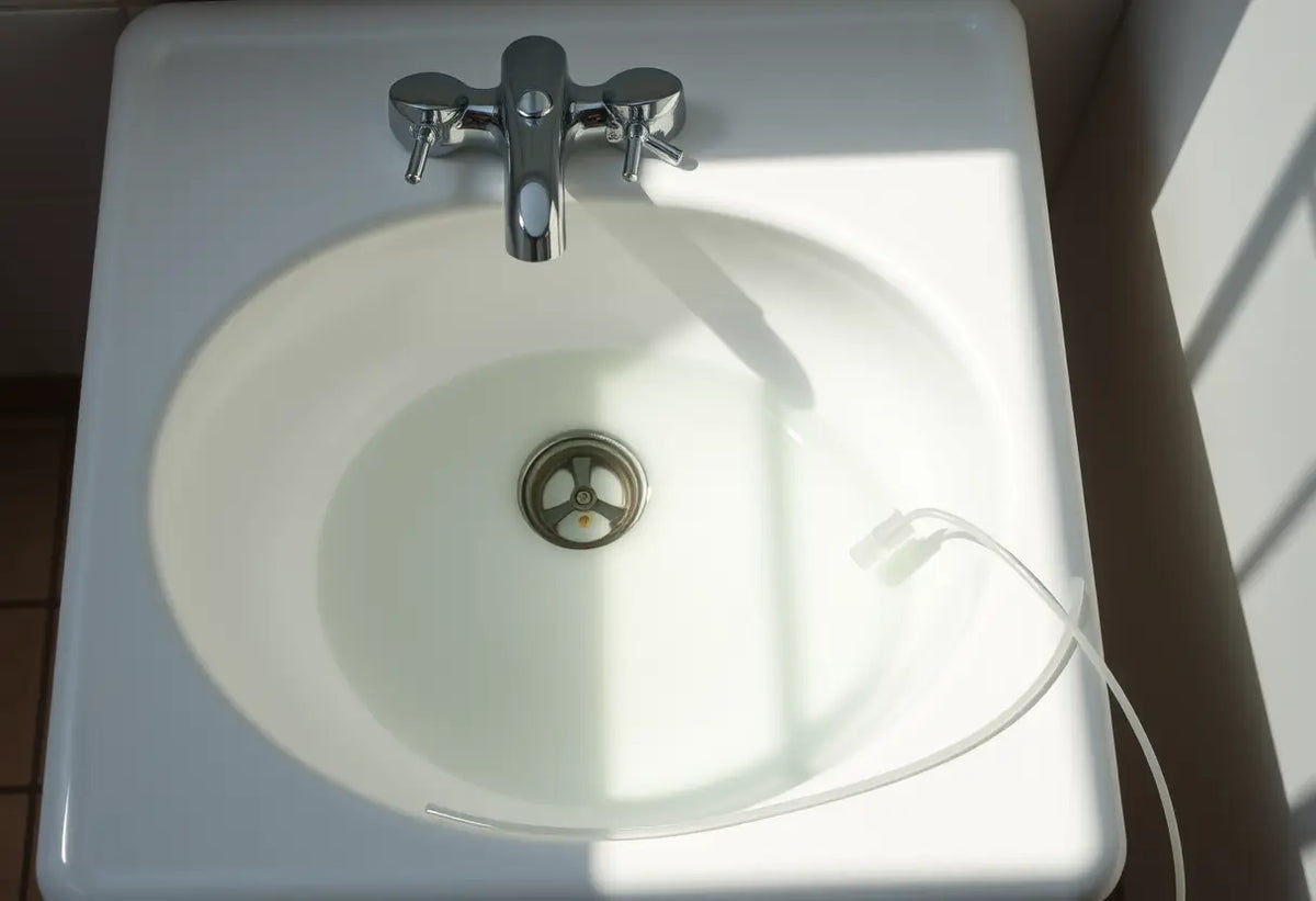 Un évier en porcelaine blanche avec de l'eau tiède et un cathéter en plastique