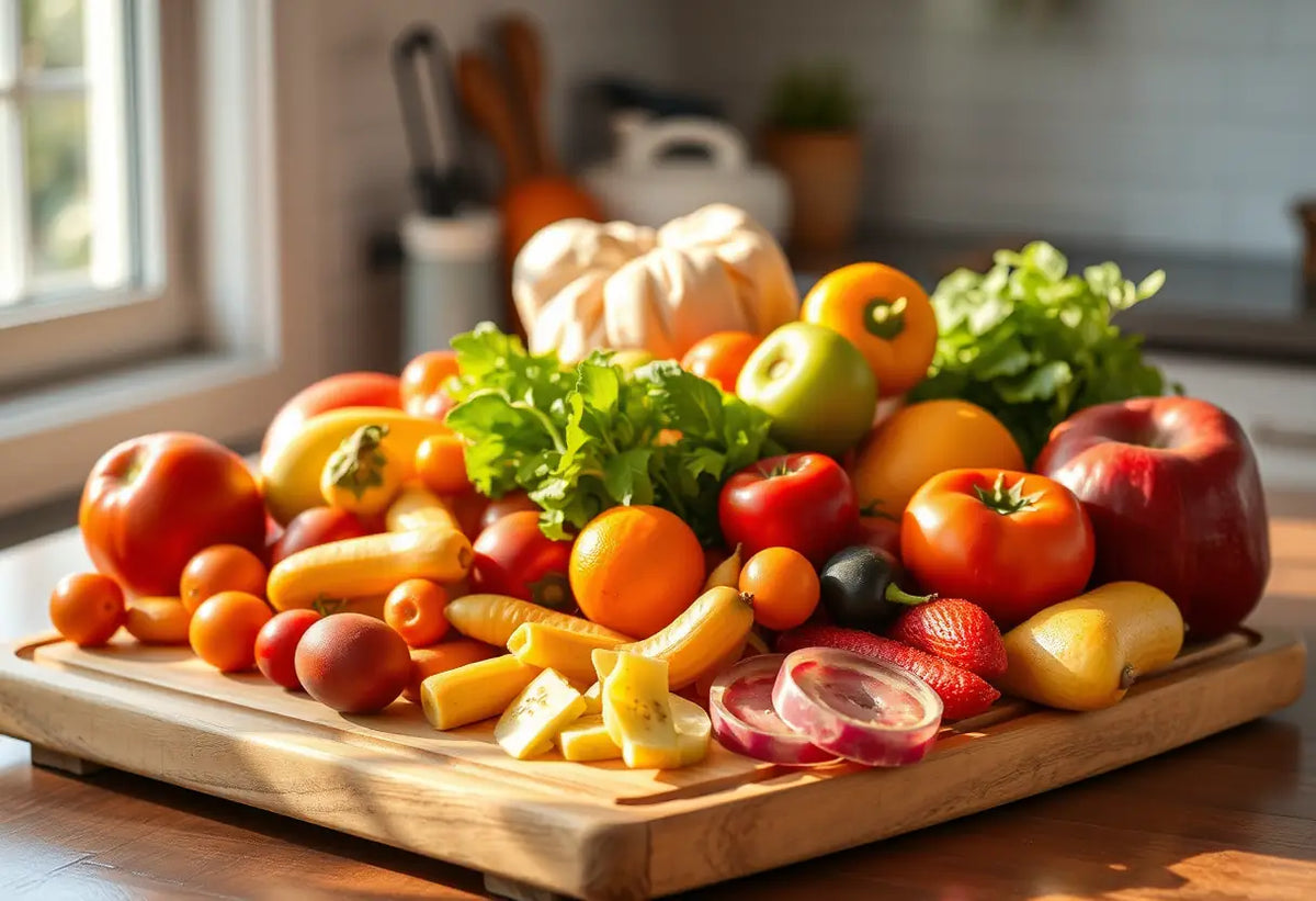 Assortiment de fruits et légumes sur un plancher en bois dans une cuisine