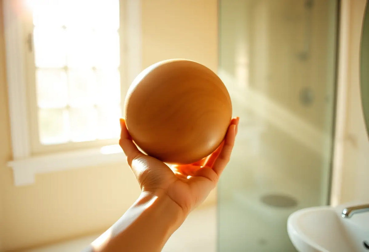 Main objet de la boule de geisha posée sur un lavabo