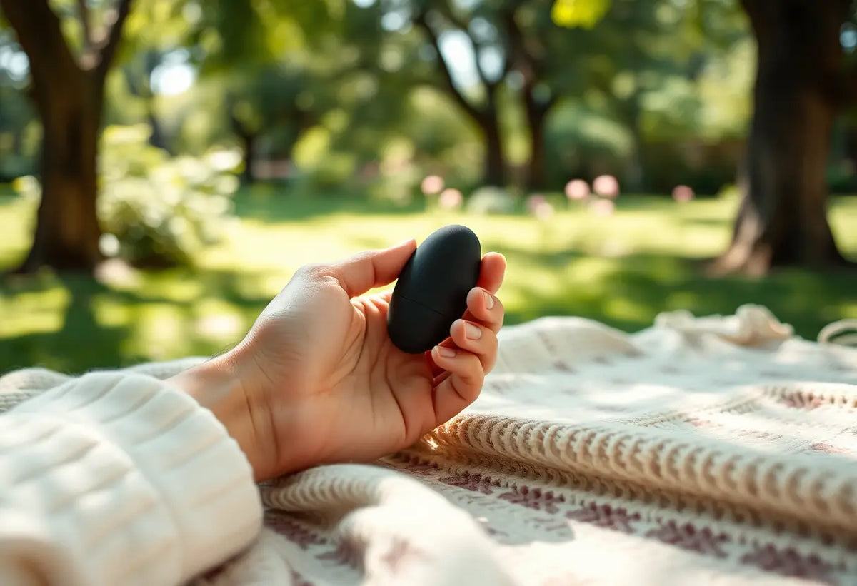 Une main tenant un petit vibromasseur posé sur un tapis tissé, sous la lumière du soleil filtrant à travers les arbres