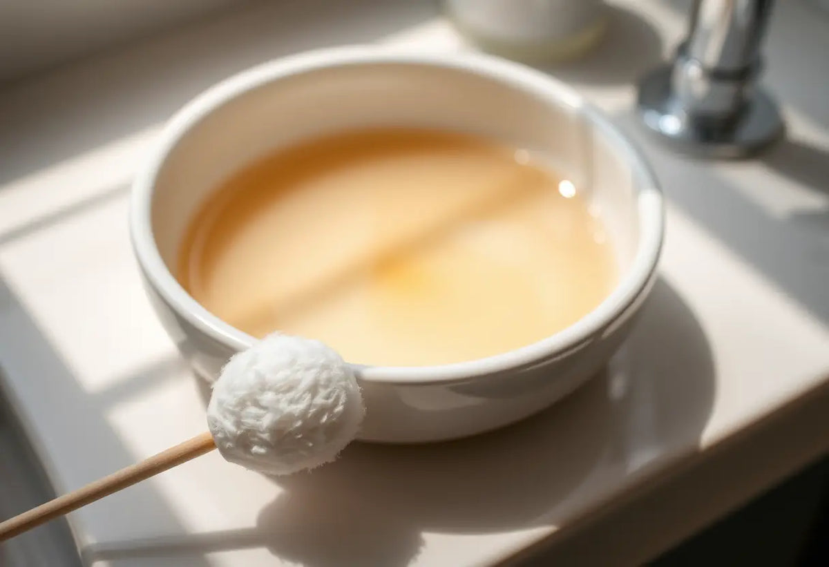 Un coton-tige posé près d'une bassine d'eau chaude dans une salle de bain, suivi d'un traitement naturel