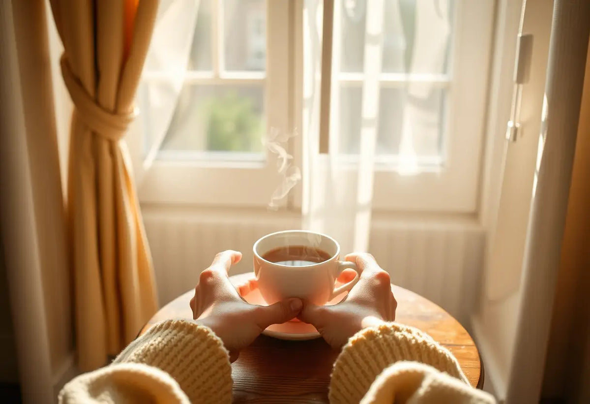 Des mains tenant une tasse de thé fumant posée sur une petite table en bois près d'une fenêtre, éclairée par la lumière du soleil filtrant à travers des rideaux fins.