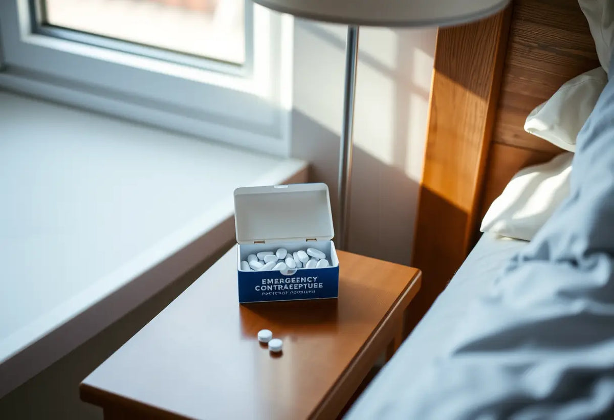 Sur une table de chevet, une boîte contenant des médicaments d'urgence