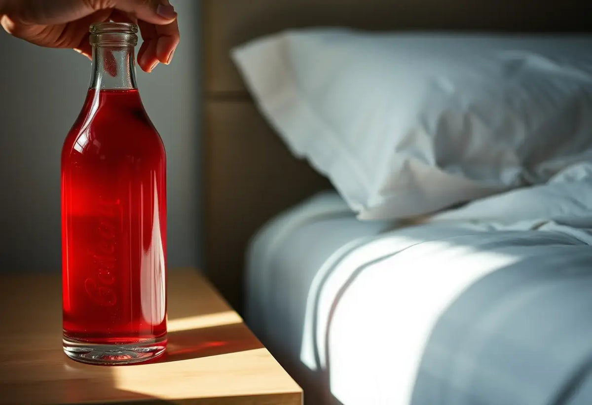 Une main qui prend un flacon rouge posé sur la table de nuit, symbolisant la complicité dans l'intimité.