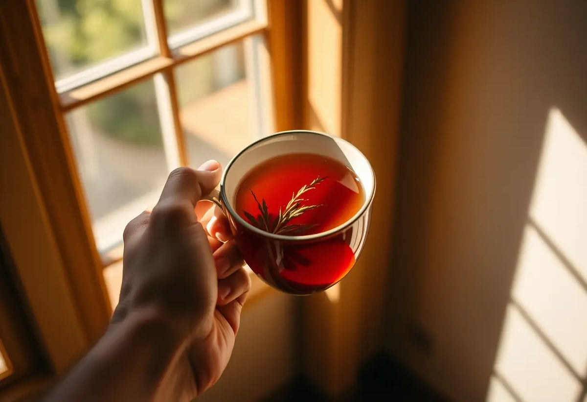 Une main tenant une tasse de thé herboristerie, lumière chaude et douce