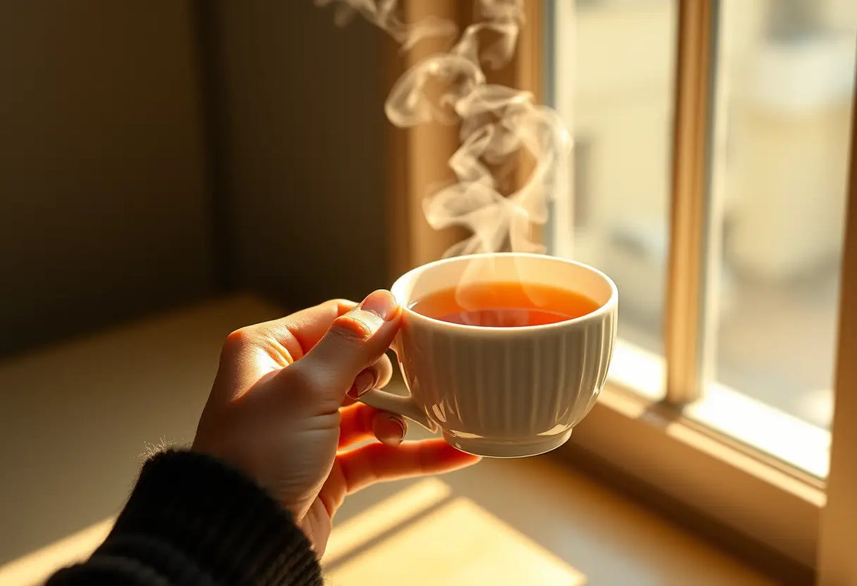 Une main tenant une tasse de thé chaud, la lumière naturelle souligne la vapeur qui s'en élève