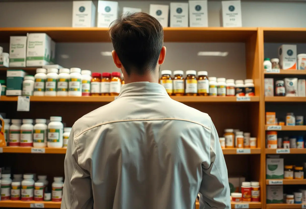 Un pharmacien arrange des bouteilles de comprimés dans un drugstore