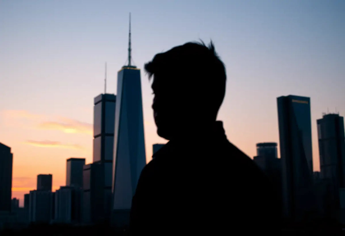 Un profil silhouetté contre le ciel orangé d’une ville aux gratte-ciels