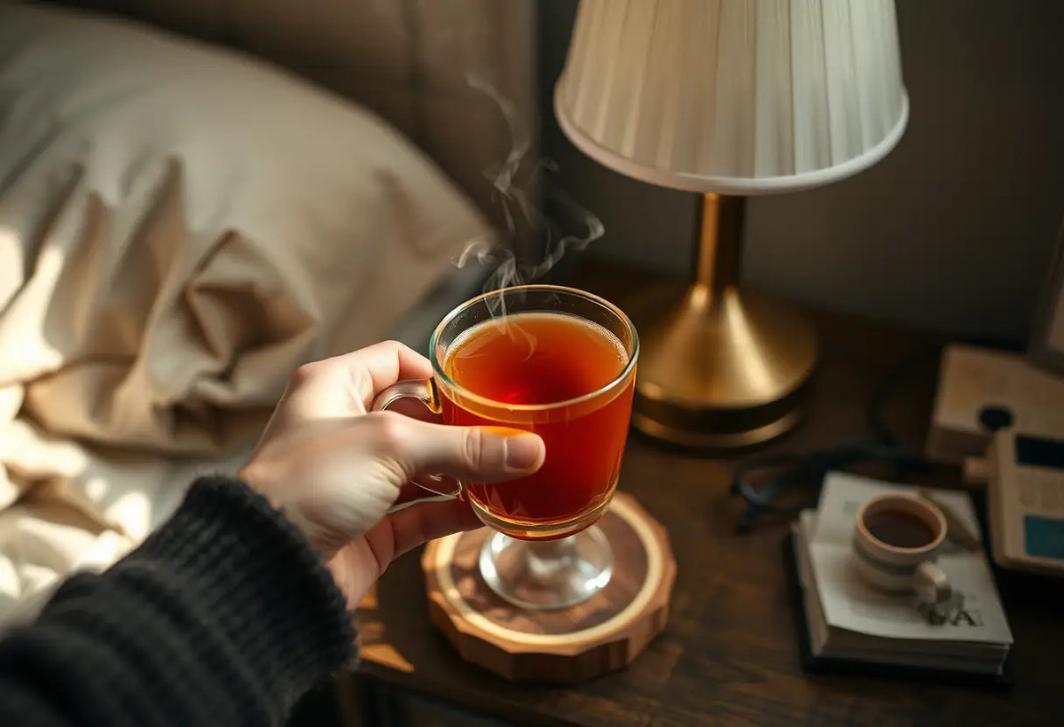 Une main tient une tasse de thé chaud posée sur une petite table de chevet.