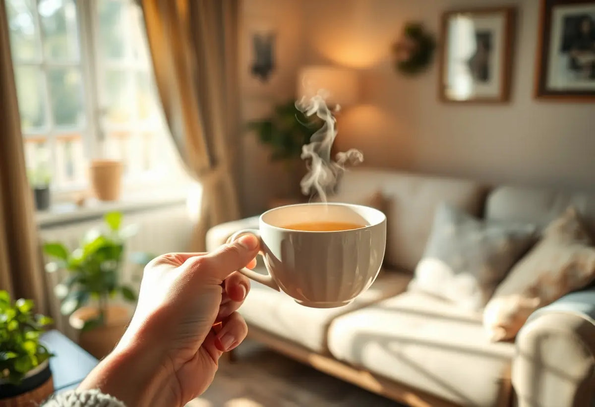 Une main tenant une tasse de thé herboriste dans un salon accueillant, lumière naturelle apportant chaleur et confort